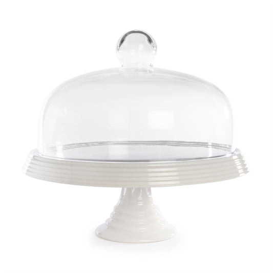 Maison & White White Ceramic Cake Stand with Glass Dome | 26.5cm Pedestal Display | For Cakes up to 24cm