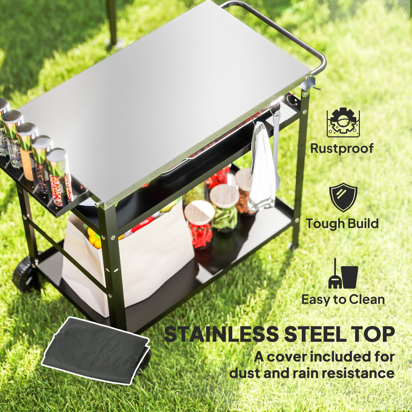 BBQ Trolley with Stainless Steel Top Adjustable Shelf, Outdoor Kitchen BBQ Station with Hooks Seasoning Tray Towel Rack, Pizza Oven Table