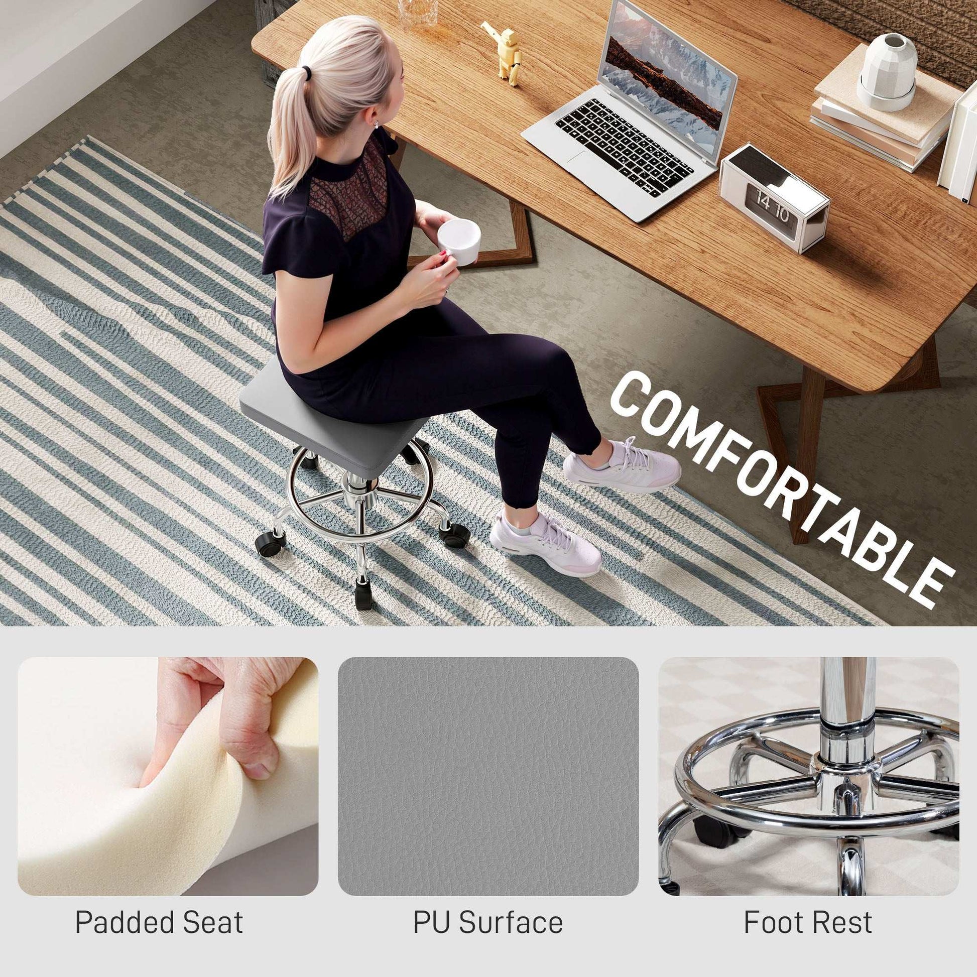 Adjustable PU Leather Rolling Stool - Grey