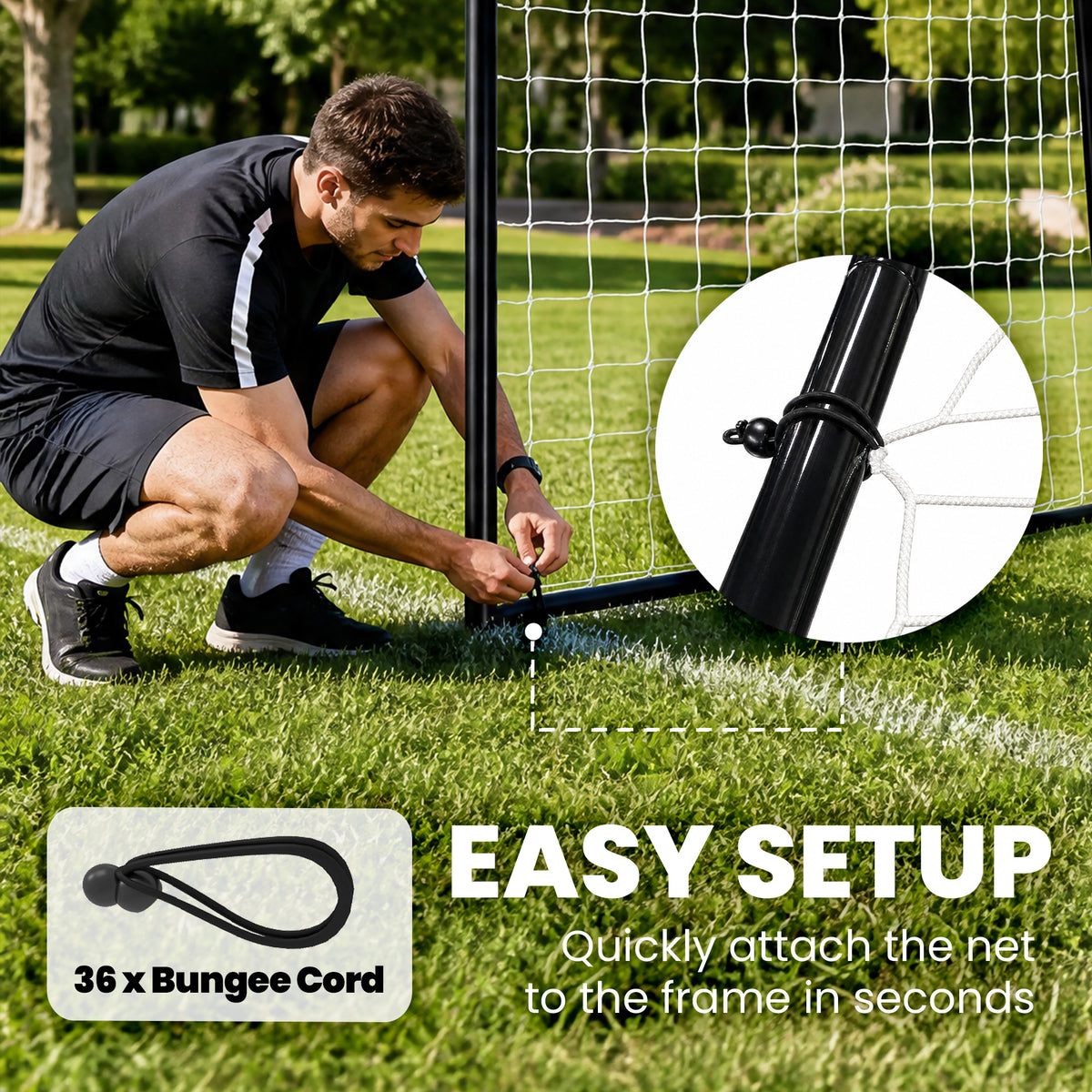 10 x 6.5ft Football Goal | 300x152x200cm | 32mm Painted Metal Frame | Polyester Net 300x280cm | 10x10cm Mesh | 36 Bungee Cords | 4 U-Stakes | Outdoor Garden | Age 5+ | Black
