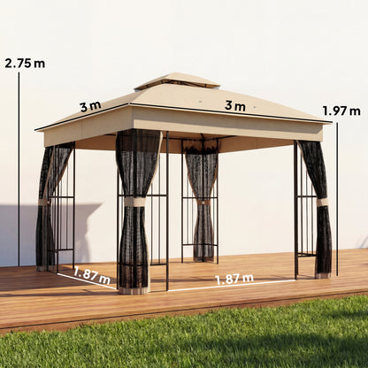3x3m Permanent Garden Gazebo | Double-Tier UPF50+ Roof | Mesh Panels | Integrated Corner Shelves | Triangular Powder-Coated Posts | Adjustable Struts | Ground Stakes | Brown