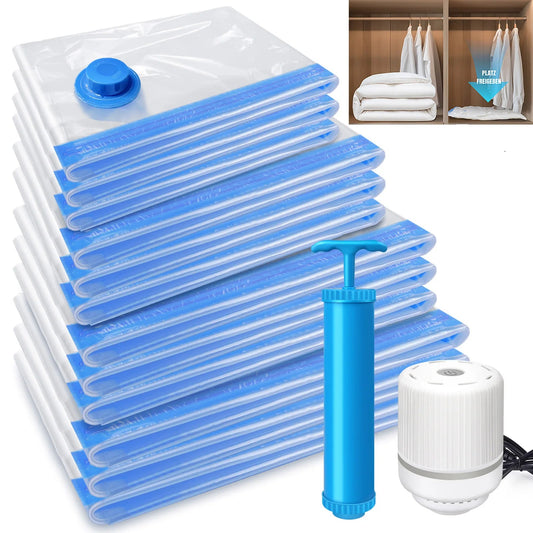 Dayplus Vacuum Storage Bags Wardrobe Organizer 12Pcs Seal Bags save Space for Clothes Pillow Blanket, Manual + Electric Air Pump