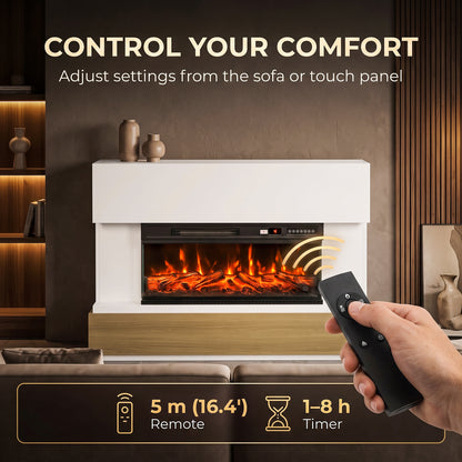 117cm Three-Sided Electric Fireplace Suite | White Surround & Wood-Effect Base | 900/1800W, 12 Flame Colours, Remote & 8-Hour Timer