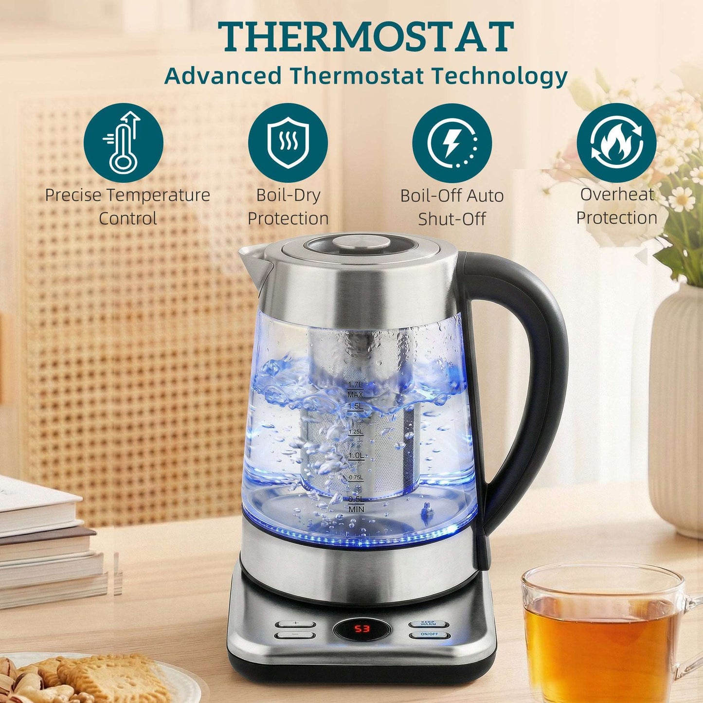 1.7L Glass Electric Kettle | 3000W Strix Controller | 5 Temperature Presets 60-100°C | 2hr Keep-Warm | Built-In Tea Infuser | LCD Display | Stainless Steel Base | 70cm Cable | Silver