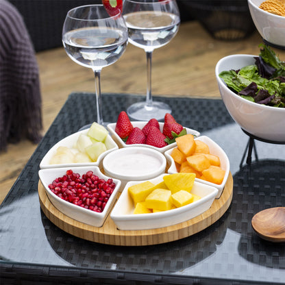 Maison & White Bamboo Lazy Susan Dip Set | 6 Removable White Ceramic Bowls | 360° Rotating Snack Server | 30.5cm