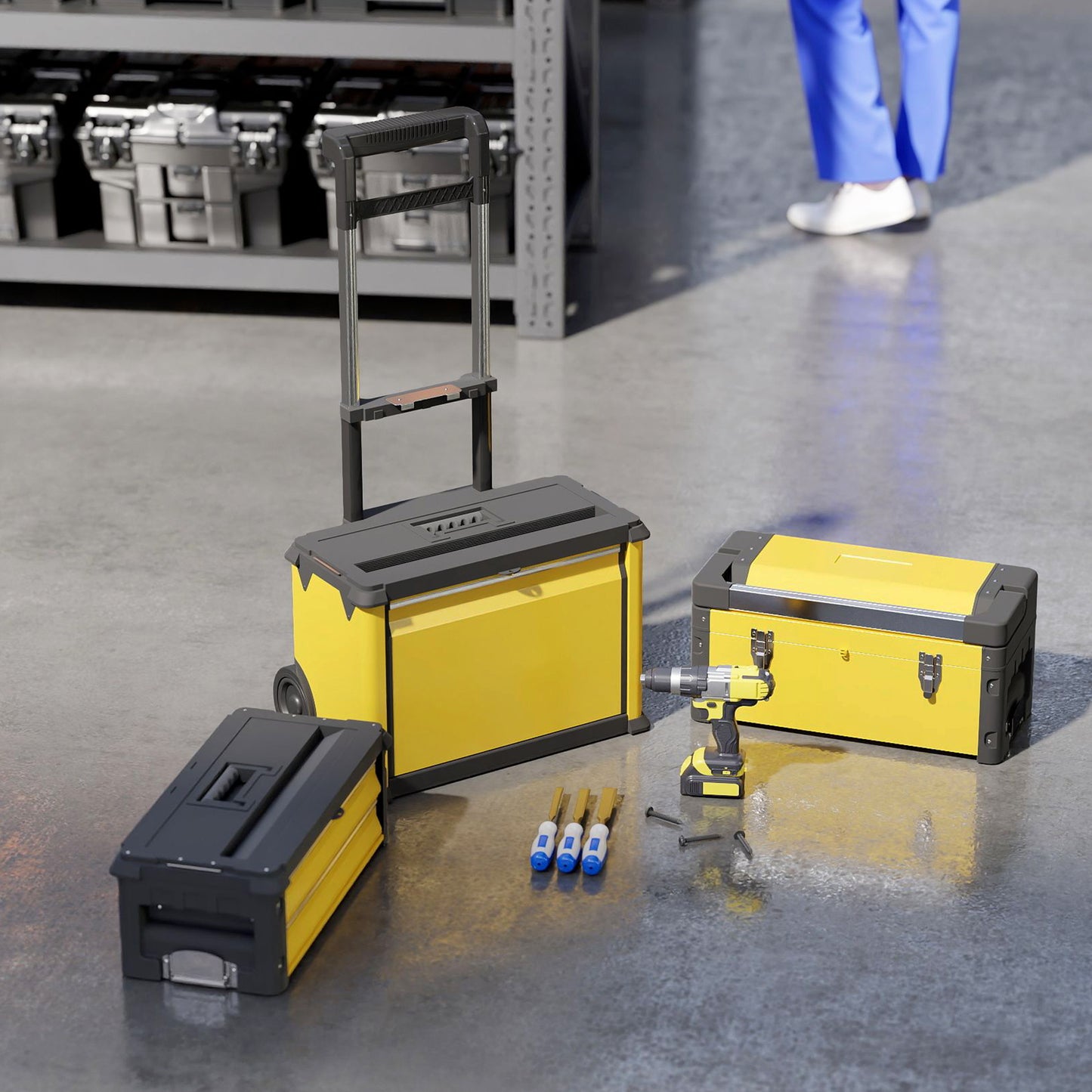 3-in-1 Stackable Three Tier Rolling Tool Storage Box On Wheels - Yellow