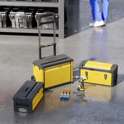 3-in-1 Stackable Three Tier Rolling Tool Storage Box On Wheels - Yellow