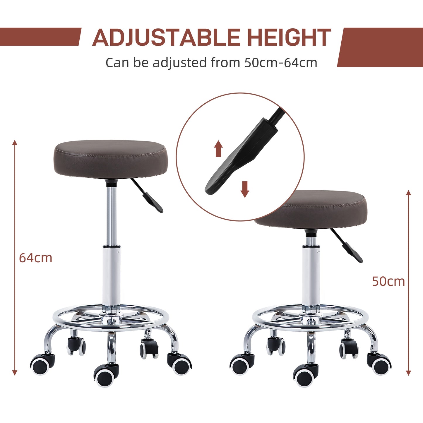 PU Leather Rolling Salon Stool | Height Adjustable 50-64cm | Dia 42cm | Thick Foam Seat | Footrest | 5 Wheels | Backless | 110kg | Grey