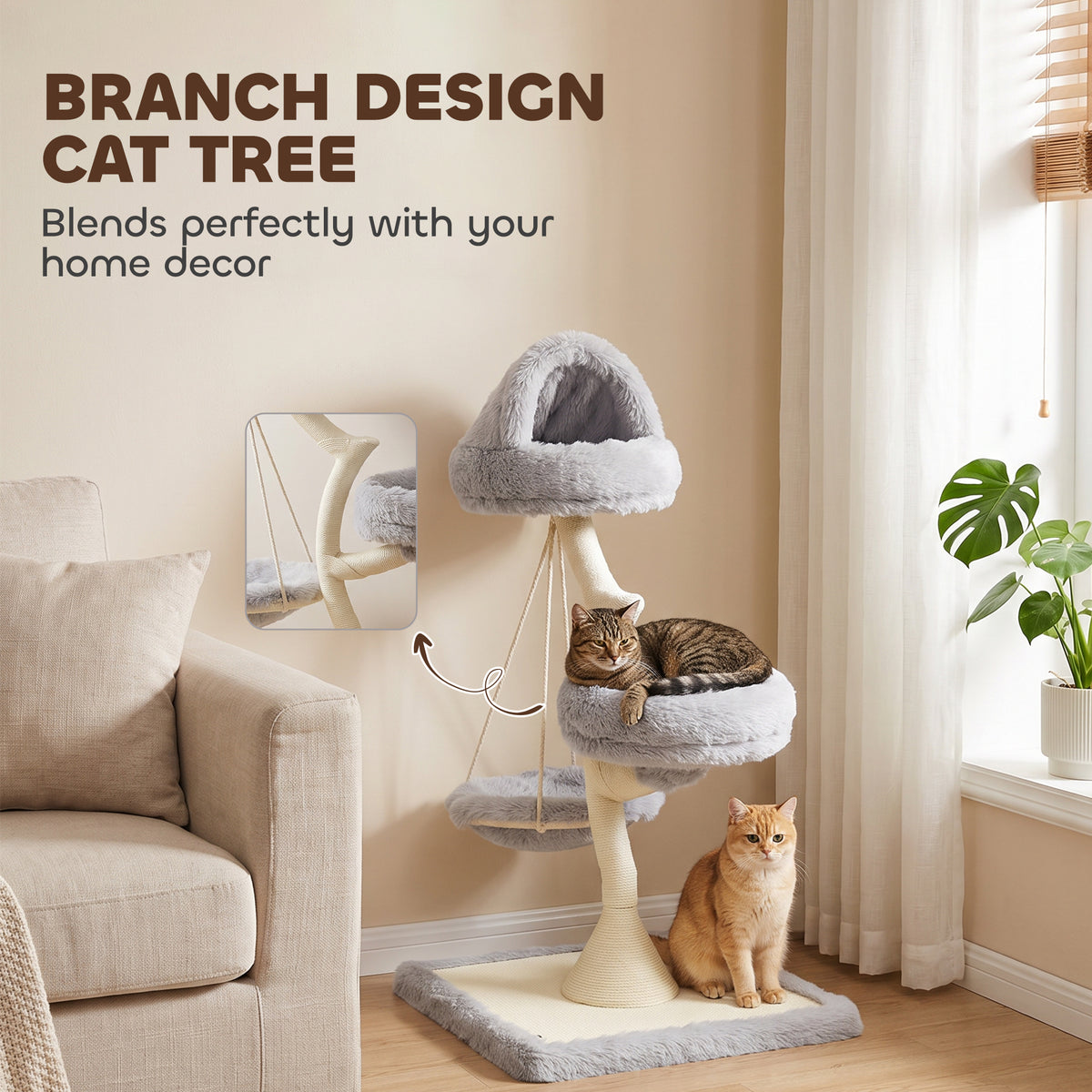 PawHut 115cm Modern Cat Tree | Branch-Style Sisal Scratching Post | 2 Washable Beds & Hanging Hammock | 60cm Base | Light Grey | For 1 Cat up to 6kg