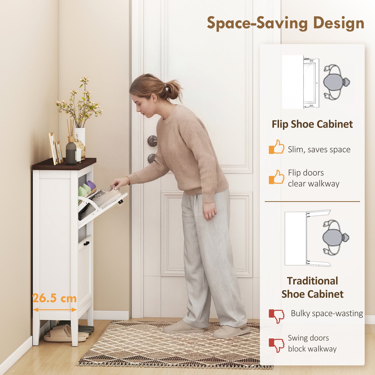 Farmhouse Narrow Shoe Cabinet | 2 Flip Drawers | 8-12 Pairs | White