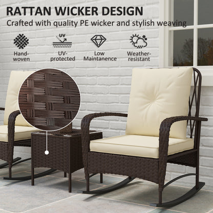 3 Piece Rattan Rocking Chair Bistro Set | 2 High Back Rocking Chairs | Tempered Glass Table | 16cm Back Cushion | 8cm Seat Cushion | 120kg | Brown