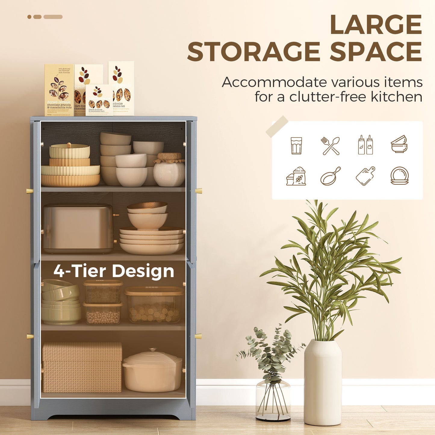 4-Door Kitchen Storage Cabinet with Adjustable Shelves, Arched Curve Doors, Gold Handles, Anti-Tip, 60x30x110cm – Grey