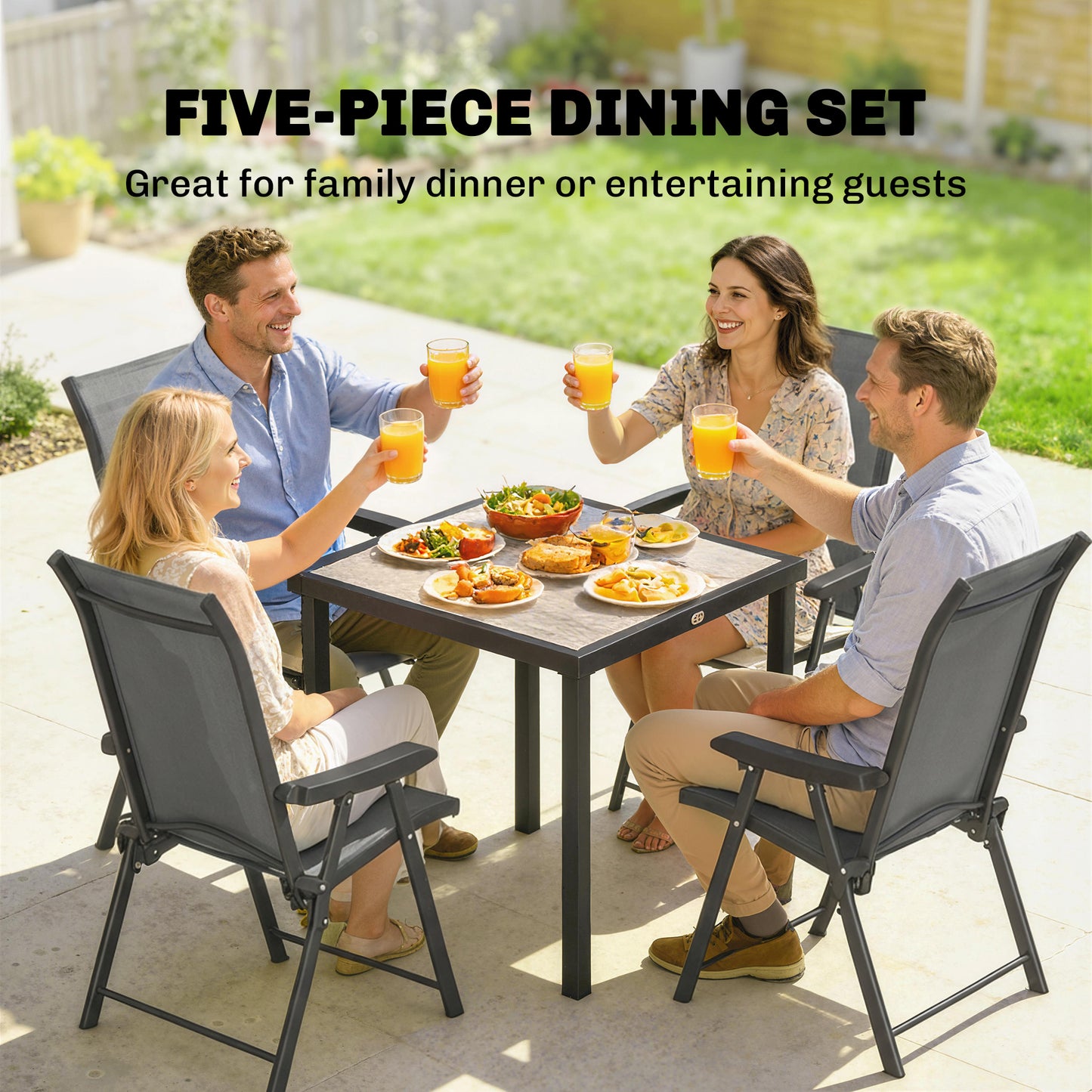 5-Piece Garden Dining Set for 4 | Folding Chairs | Faux Wood Table | Breathable Mesh | Grey