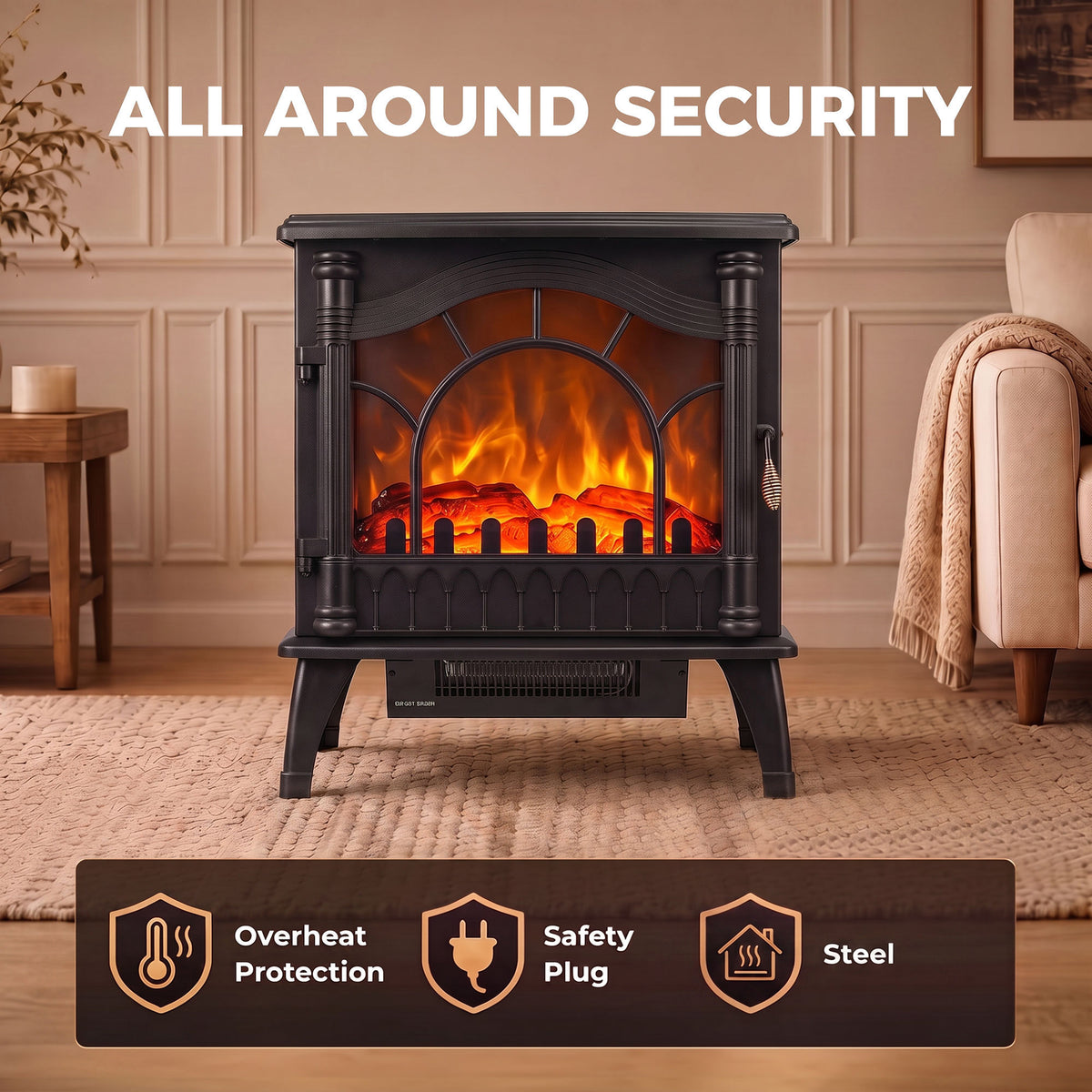 3-Sided Glass Electric Stove Fire | 1000W/2000W Fan Heater, Adjustable Flame Brightness & Thermostat | Freestanding Black | 55 × 31 × 58cm | C Rated