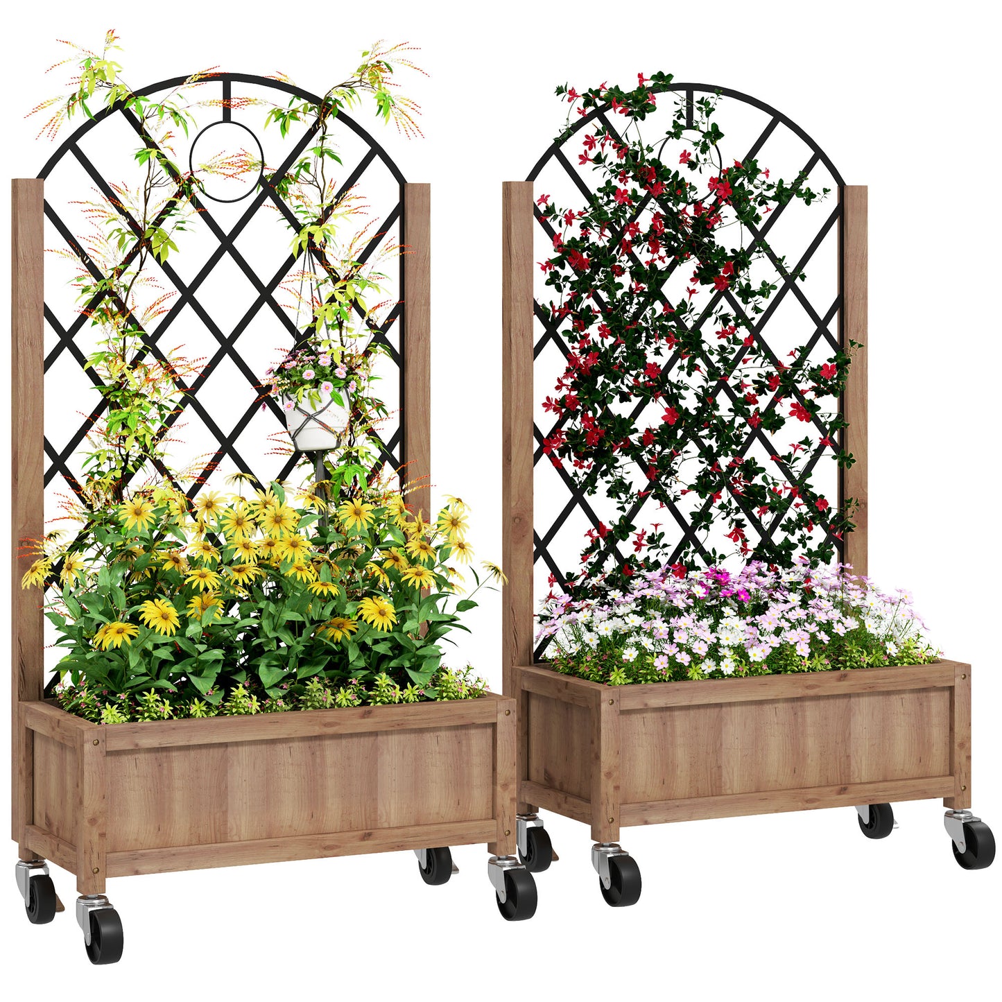 Raised Garden Bed W/ Metal Trellis, Pack of 2 Wooden Elevated Planter & Wheels and Drainage Holes for Climbing Plants, Fruits, Vegetables, Flowers