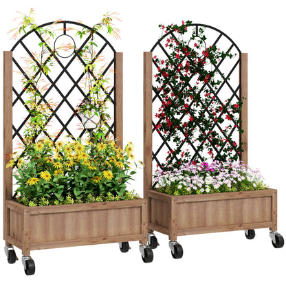Raised Garden Bed W/ Metal Trellis, Pack of 2 Wooden Elevated Planter & Wheels and Drainage Holes for Climbing Plants, Fruits, Vegetables, Flowers