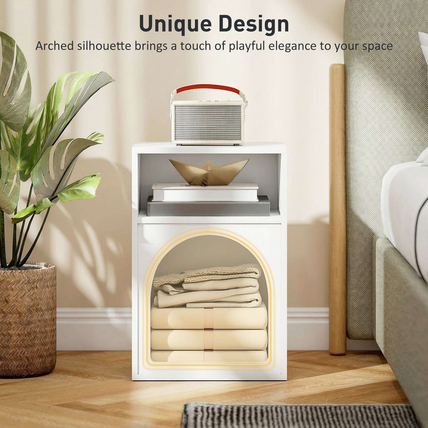 MDF Arch Bedside Table | 2 Open Compartments | Compact Design | Fits Narrow Spaces | 35kg Capacity | 40x30x60cm | White