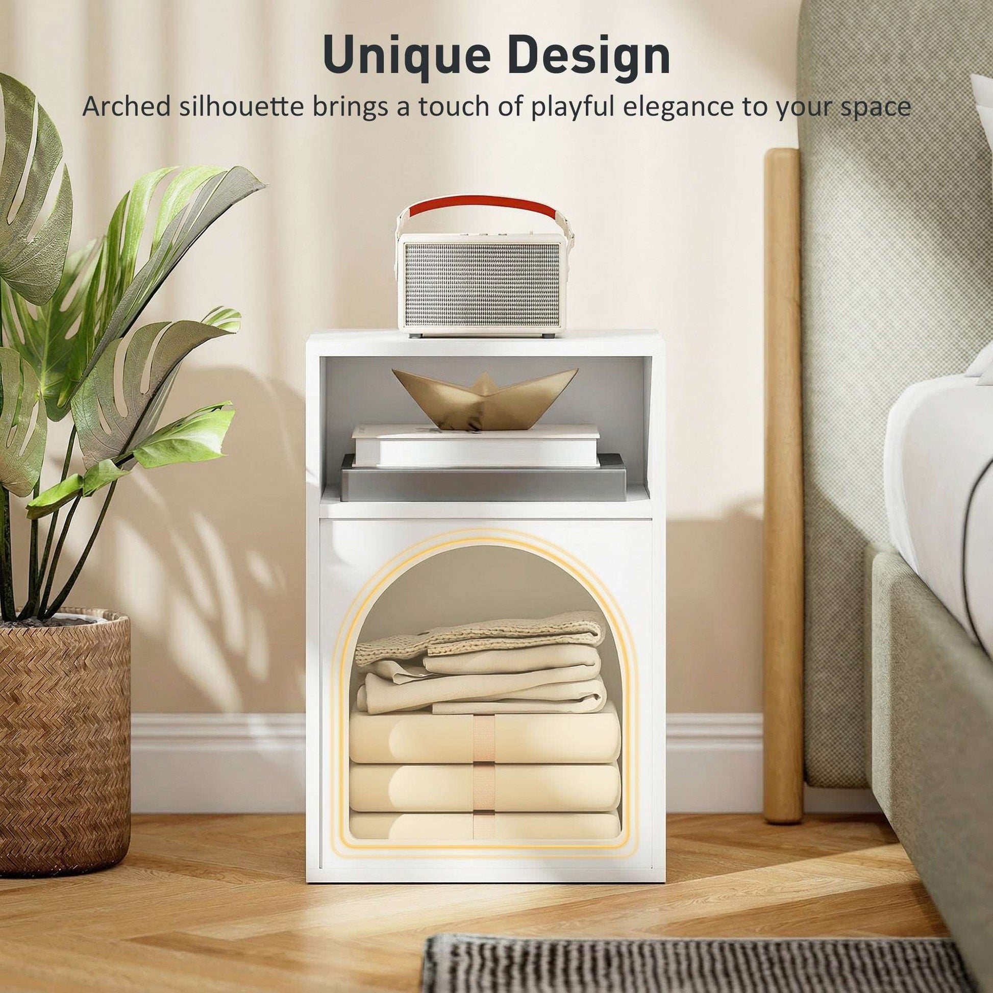 MDF Arch Bedside Table | 2 Open Compartments | Compact Design | Fits Narrow Spaces | 35kg Capacity | 40x30x60cm | White
