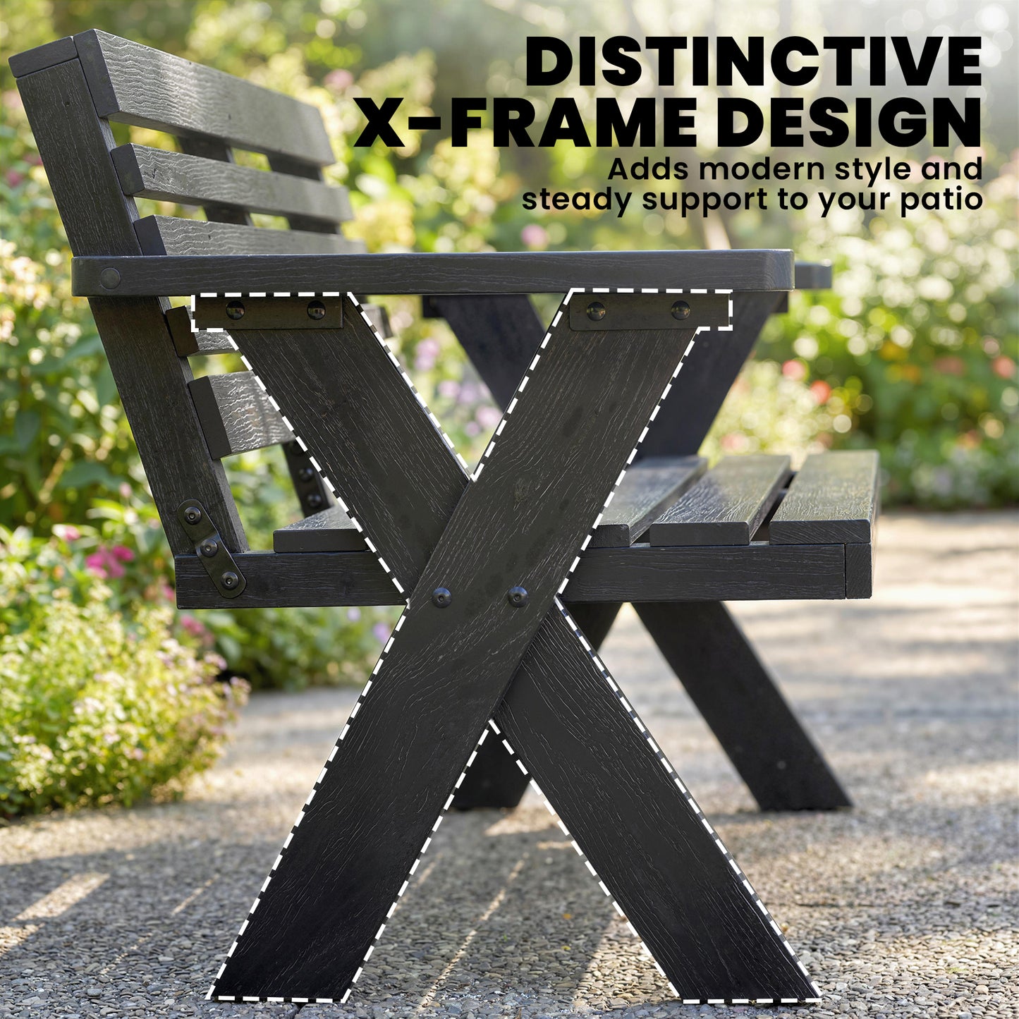 2-Seater Wooden Garden Bench | X-Frame Legs | Armrest & Backrest | 240kg | Fir Wood | Black