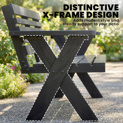 2-Seater Wooden Garden Bench | X-Frame Legs | Armrest & Backrest | 240kg | Fir Wood | Black