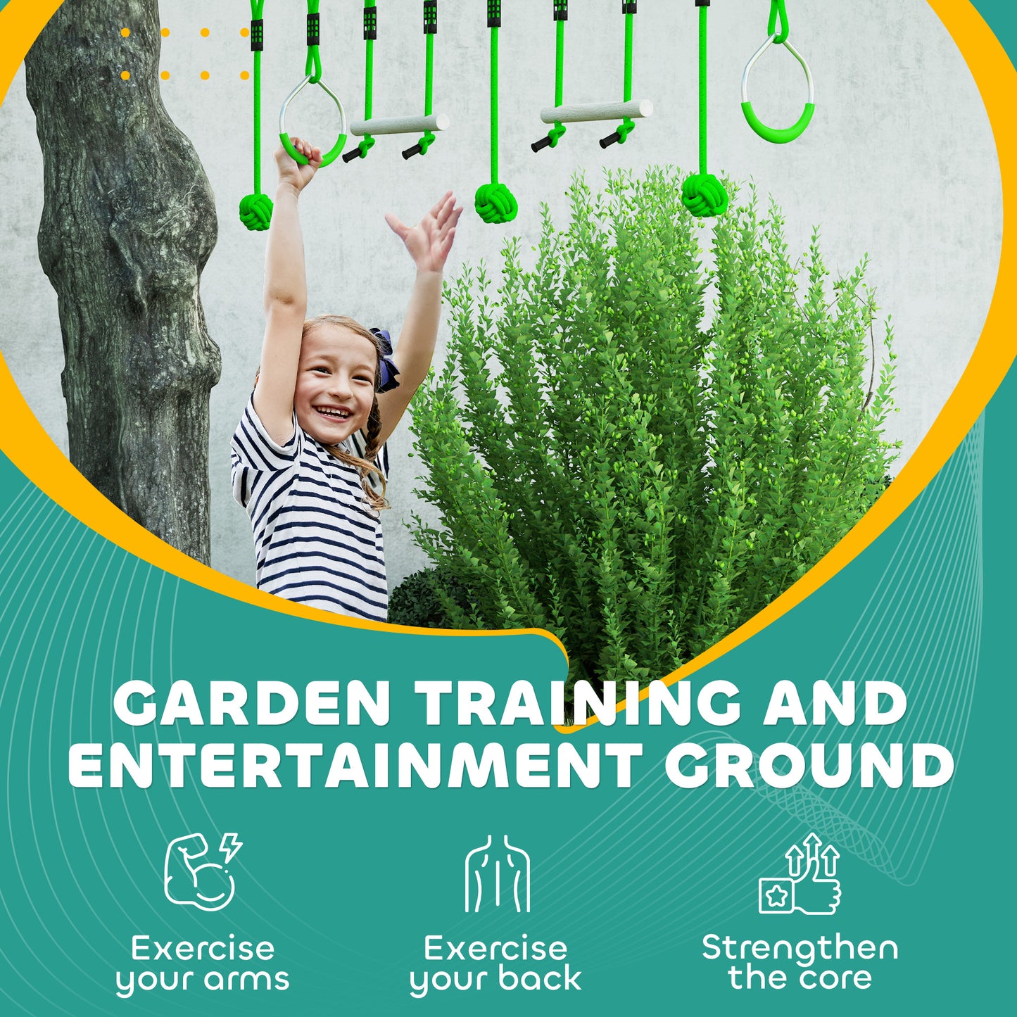AIYAPLAY 3 Piece Kids Zip Line Kit for Garden, 10m Kids Slackline Kit with Wooden Monkey Bars, Metal Rings, Gripping Balls, Green