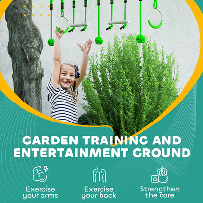 AIYAPLAY 3 Piece Kids Zip Line Kit for Garden, 10m Kids Slackline Kit with Wooden Monkey Bars, Metal Rings, Gripping Balls, Green