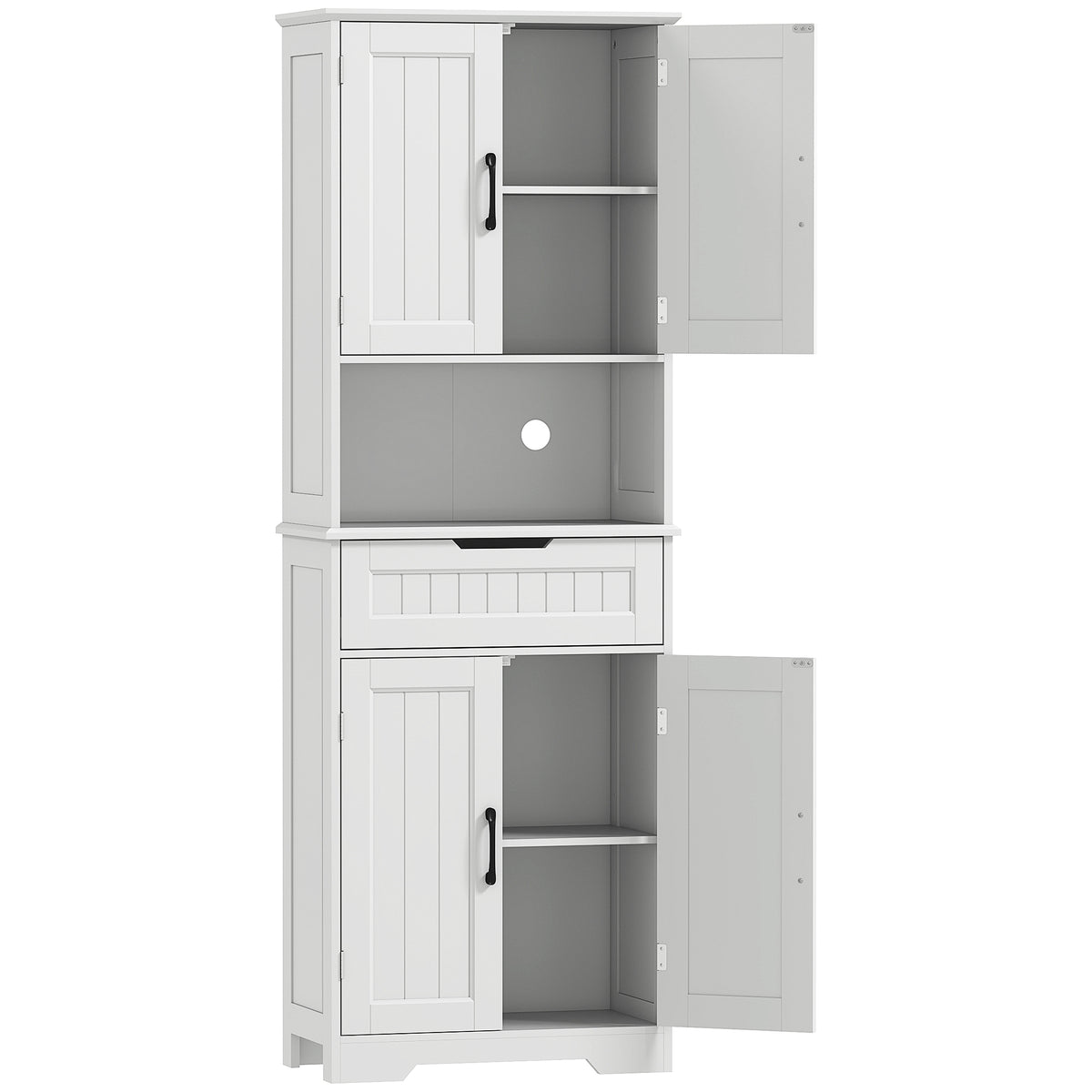 Tall Kitchen Pantry Cupboard | White MDF | 60x30x172cm | 2 Cabinets Adjustable Shelves | Open Counter Cable Hole | Drawer | Anti-Tip | Anti-Slip Feet | 45kg | Freestanding