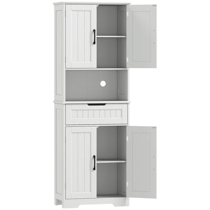 Tall Kitchen Pantry Cupboard | White MDF | 60x30x172cm | 2 Cabinets Adjustable Shelves | Open Counter Cable Hole | Drawer | Anti-Tip | Anti-Slip Feet | 45kg | Freestanding