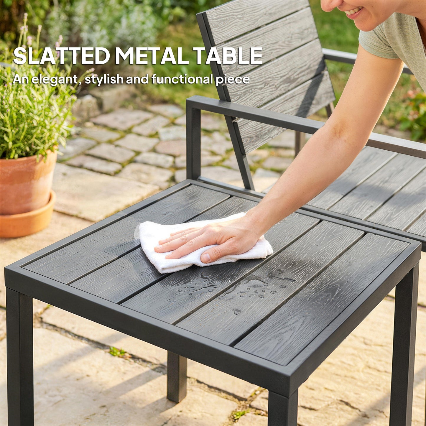 3 Piece Garden Bistro Set | 2 Chairs & Table | HDPE Surfaces | Powder Coated Steel Frame | Weather Resistant | 120kg | Dark Grey