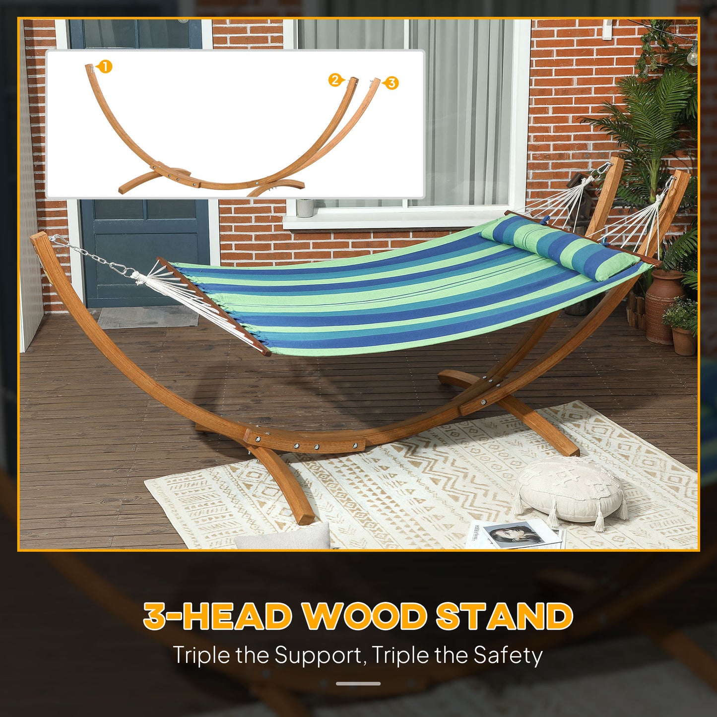 Outdoor Hammock with Stand, Garden Hammock with Triple-Head Eucalyptus Wood Arc Frame, 1 Person Cotton Bed and Head Pillow, Freestanding Garden Swing