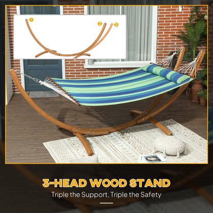 Outdoor Hammock with Stand, Garden Hammock with Triple-Head Eucalyptus Wood Arc Frame, 1 Person Cotton Bed and Head Pillow, Freestanding Garden Swing