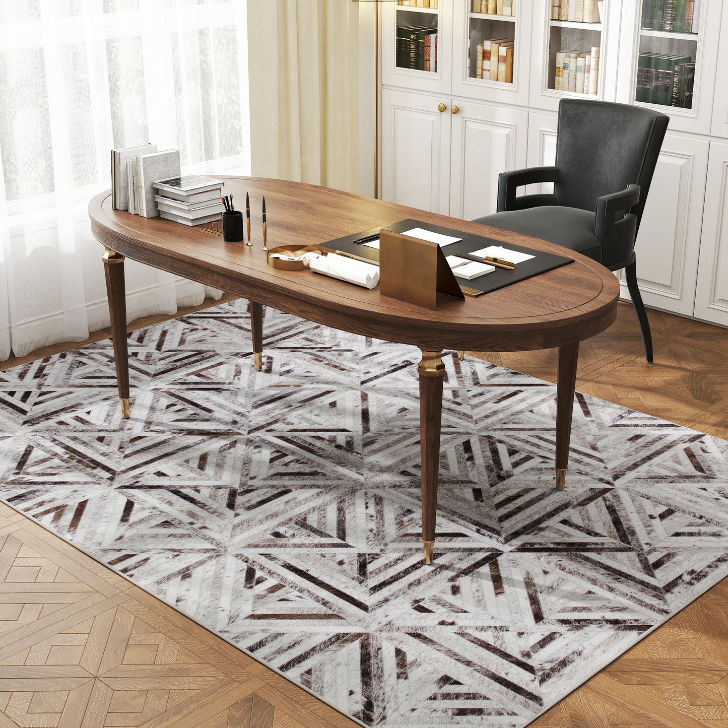 Modern Chenille Area Rug | Faux Leather Patchwork Print | Machine Washable | Non-Slip | Foldable | 230x160cm | Brown | Living Room Bedroom Dining Room Home Office