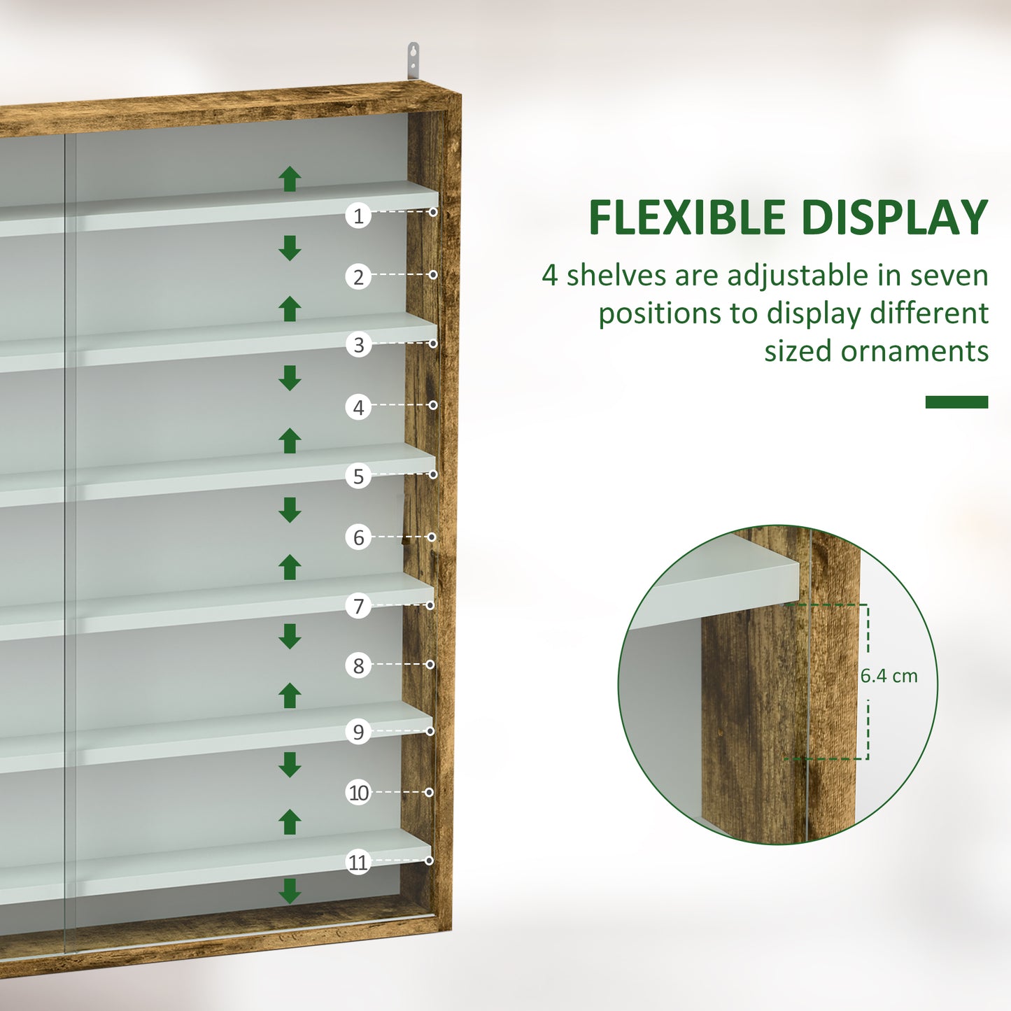 7-Tier Wall Display Shelf Unit Cabinet w/ 6 Adjustable Shelves Glass Doors Home Office Ornaments 83x80cm, Rustic Brown / Oak