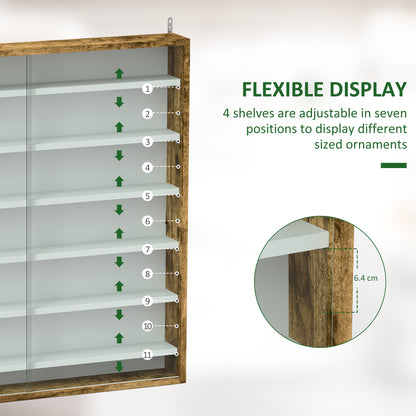 7-Tier Wall Display Shelf Unit Cabinet w/ 6 Adjustable Shelves Glass Doors Home Office Ornaments 83x80cm, Rustic Brown / Oak