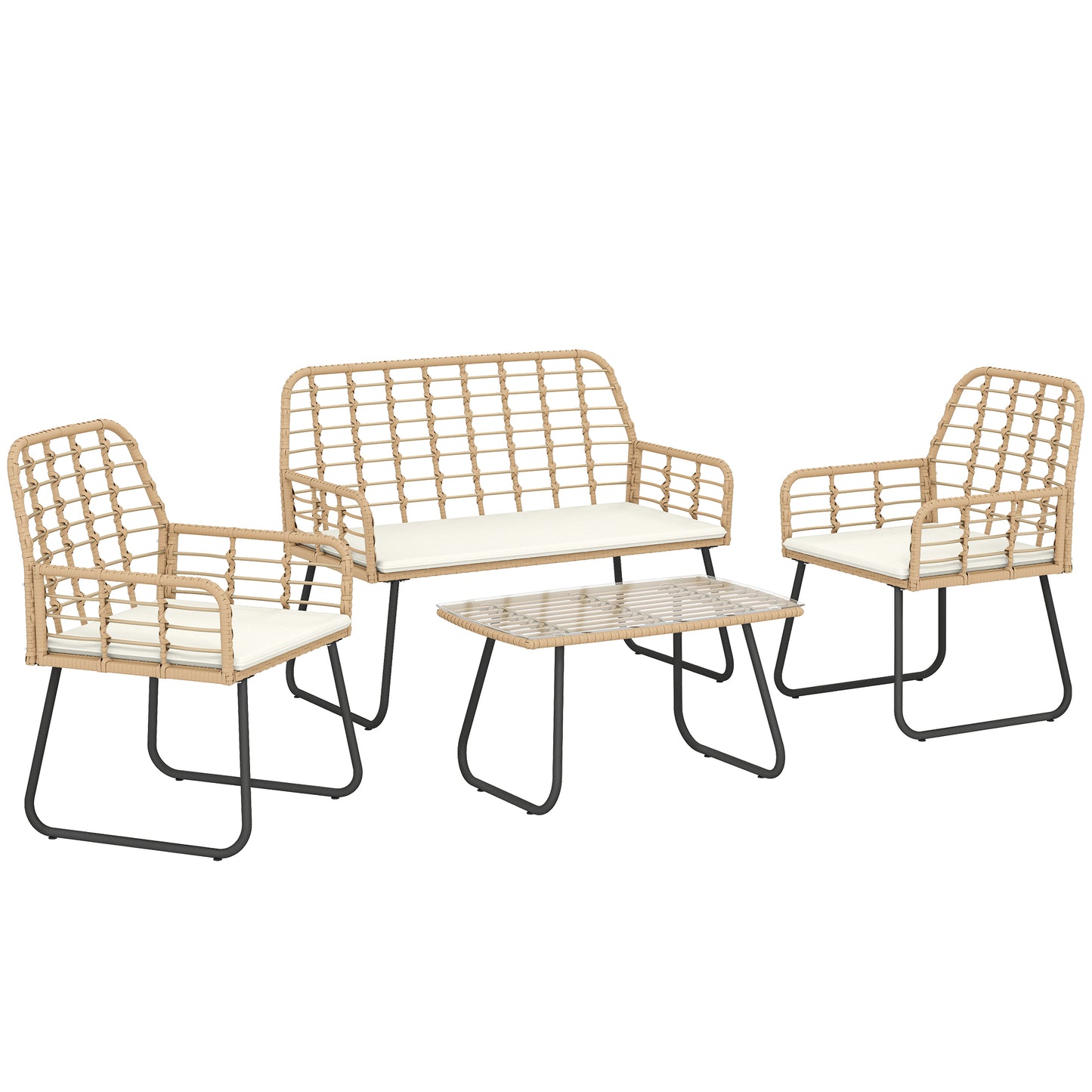 4 Piece Rattan Garden Furniture Set | Loveseat | 2 Armchairs | Coffee Table | Tempered Glass Top | PE Rattan & Metal Frame | High-Density Cushions | Washable Covers | Natural Wood