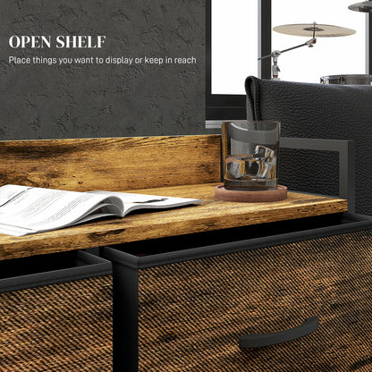 Retro Style Rustic Chest of Six Fabric Storage Drawers - Brown Wood Effect