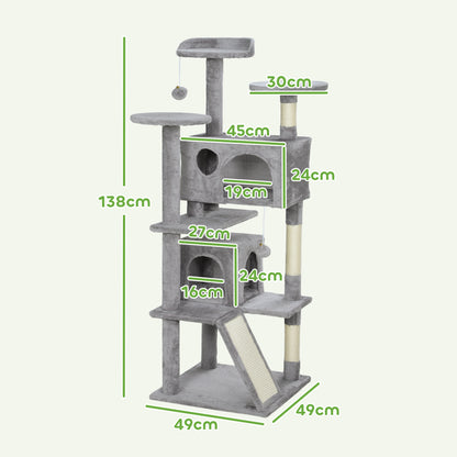 PawHut 138cm Cat Tree, Multi-Level Cat Tower with Scratching Posts and Pad, Bed, Condos, Platforms, Toy Balls, Light Grey
