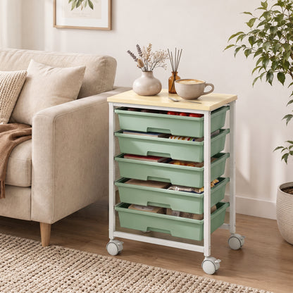 6-Tier Storage Trolley on Wheels | 5 Pull-Out Drawers | Rolling Kitchen Cart | Green