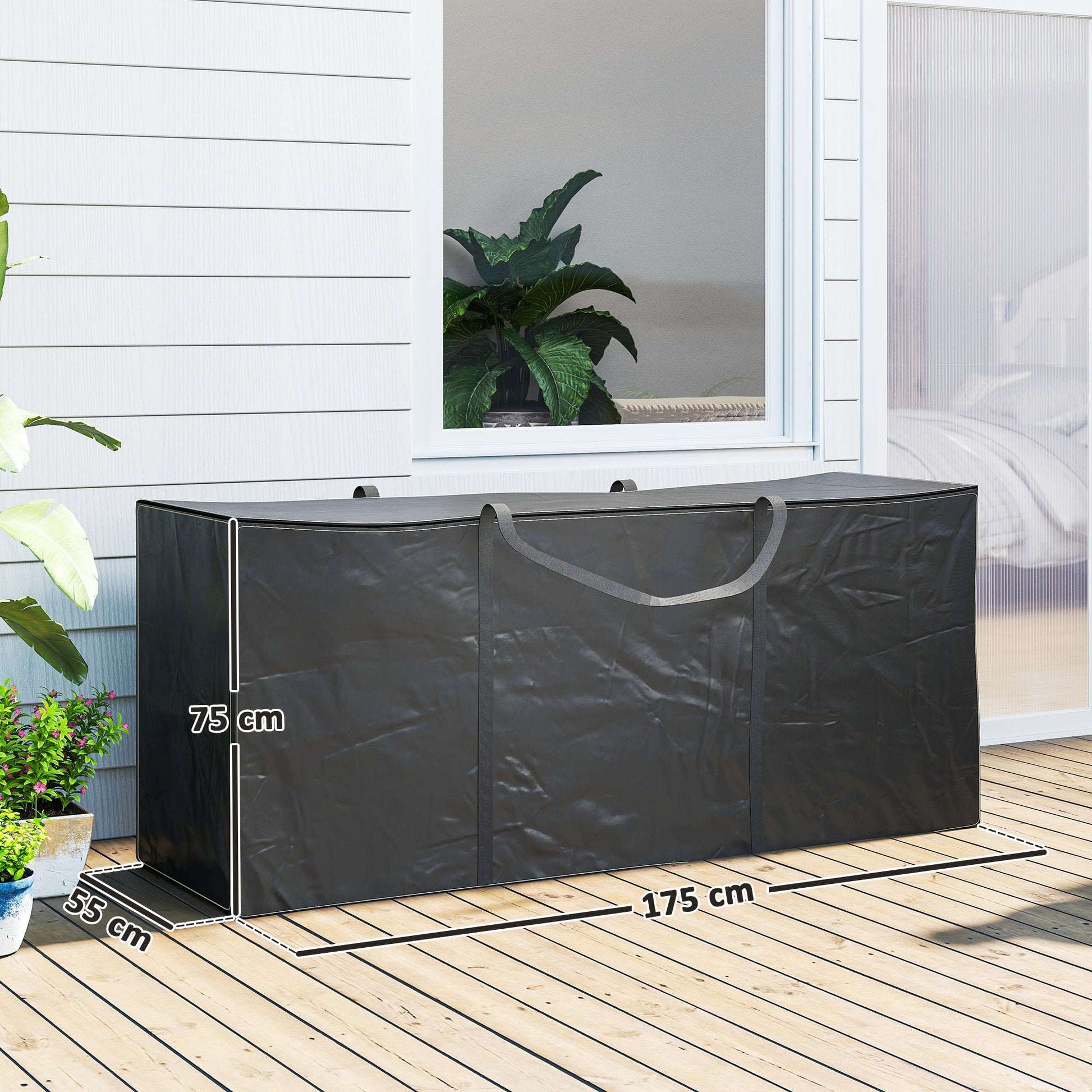 720L Garden Cushion Storage Bag | 600D Oxford PU Coated | 2000mm Waterproof & UPF30+ | Two-Way Zip with Flaps | 2 Handles | Folds Flat | 100kg Max Load | 175x55x75cm | Black