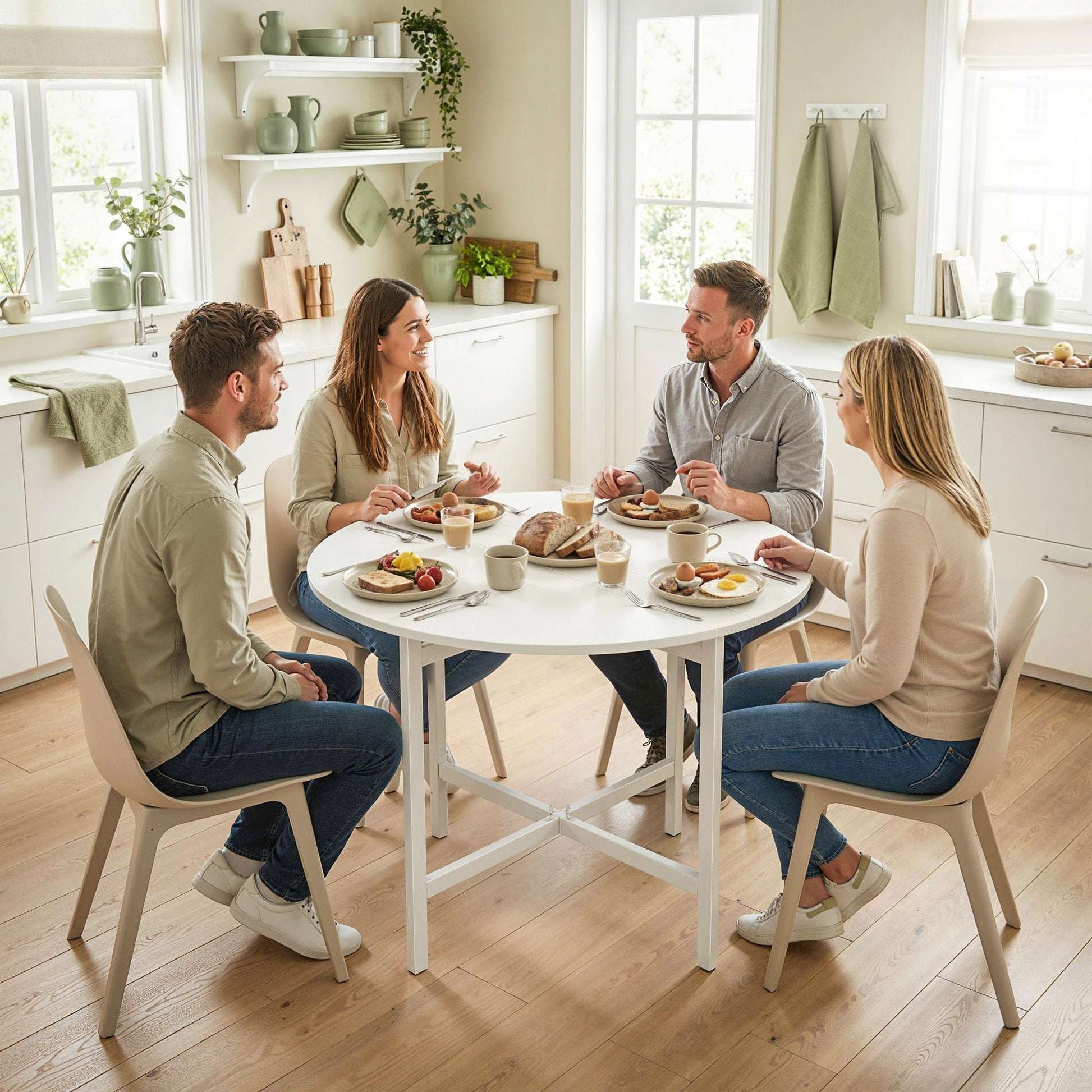 Drop Leaf Folding Dining Table | Round Top | 3 Modes | Folds to 11.5cm | Melamine Waterproof Top | Steel Frame | 30kg | White