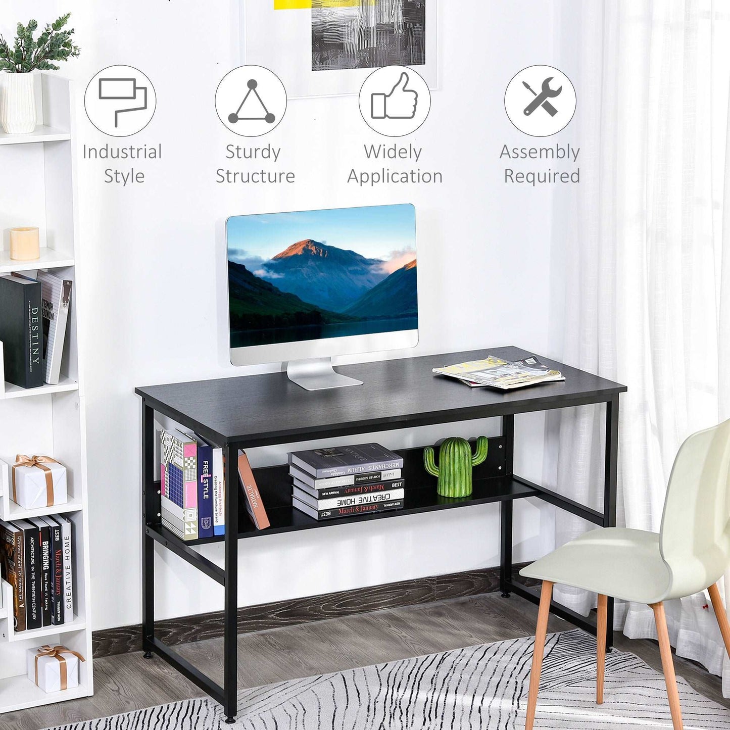 Computer Desk With Storage Shelf Adjustable Feet Metal Frame Home Office Laptop Study Writing Workstation Table Black
