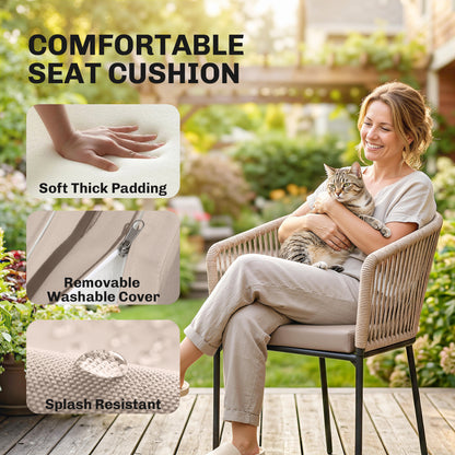 Set of 2 Rattan Garden Dining Chairs | Cushions | Wraparound Armrests | Natural Wood Finish