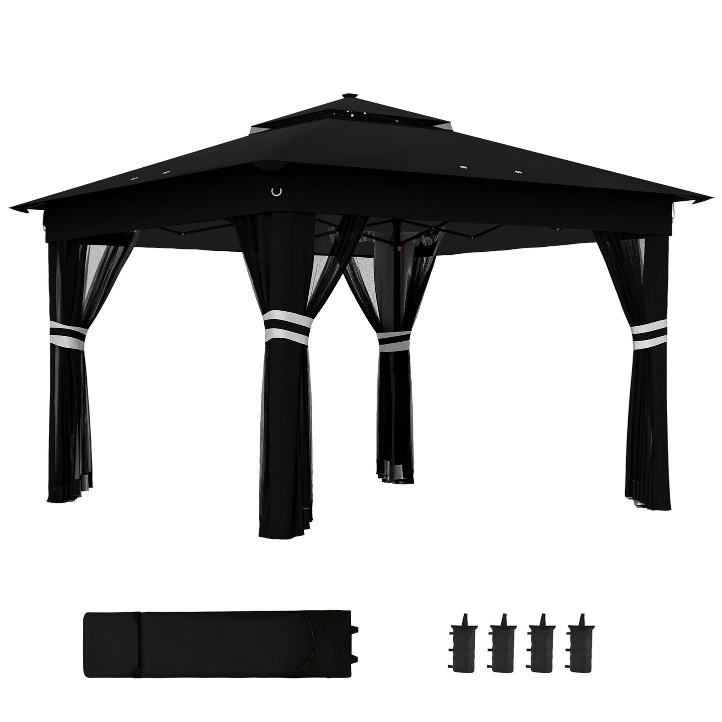 Outsunny 3 x 3(m) Pop Up Gazebo Party Tent with Solar-Powered LED Lights, Adjustable Event Shelter with Netting, Black