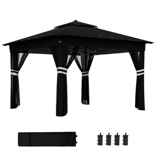 Outsunny 3 x 3(m) Pop Up Gazebo Party Tent with Solar-Powered LED Lights, Adjustable Event Shelter with Netting, Black