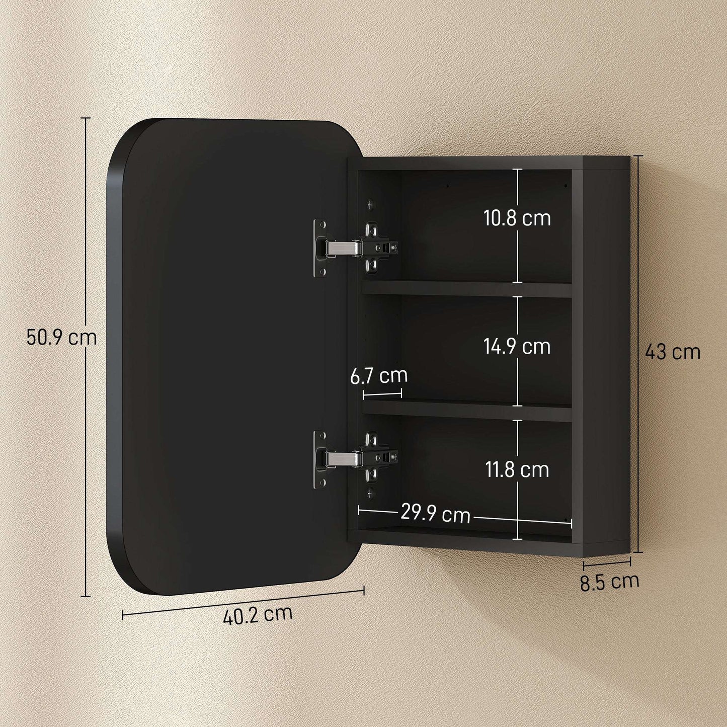 Bathroom Mirror Cabinet | Wall Mounted | 2 Adjustable Shelves | Soft Close Hinges | Arc Mirror | 40x10x51cm | 6kg | Black