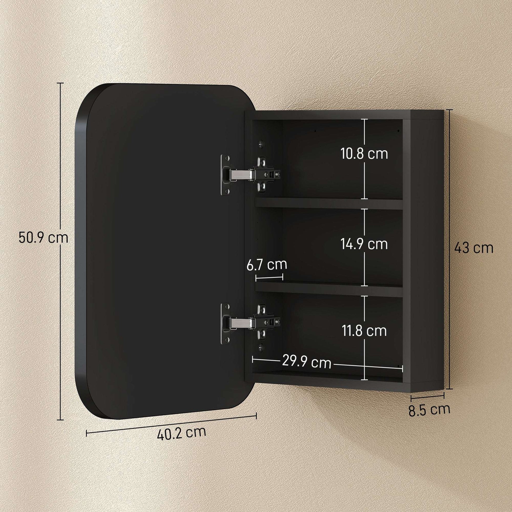 Bathroom Mirror Cabinet | Wall Mounted | 2 Adjustable Shelves | Soft Close Hinges | Arc Mirror | 40x10x51cm | 6kg | Black