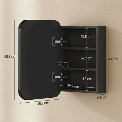 Bathroom Mirror Cabinet | Wall Mounted | 2 Adjustable Shelves | Soft Close Hinges | Arc Mirror | 40x10x51cm | 6kg | Black