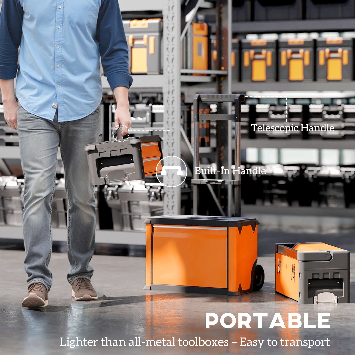 3-in-1 Stackable Three Tier Rolling Tool Storage Box On Wheels - Orange