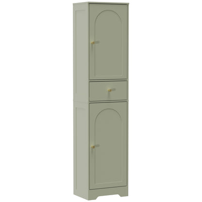 Tall Slim Bathroom Cabinet | Light Green | Particleboard MDF | 40x29.5x170cm | 2 Cupboards Drawer | Adjustable Shelf | Arched Doors Gold Knobs | Melamine | Anti-Tip Kit | 75kg