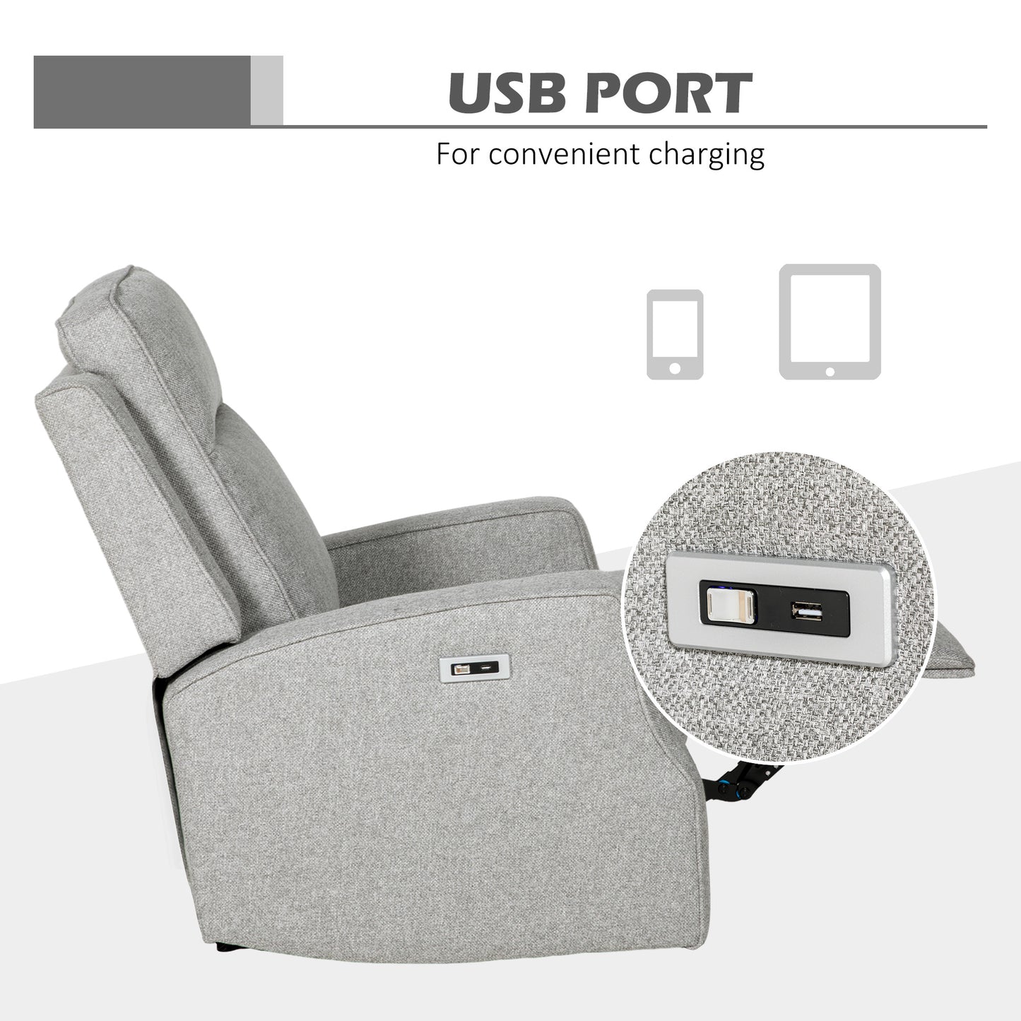 Electric Recliner Armchair, Recliner Chair with Adjustable Leg Rest, USB Port, Grey